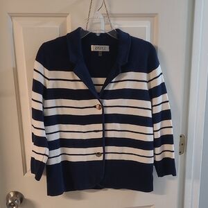 Kasper Women's Navy and White Striped Cardigan